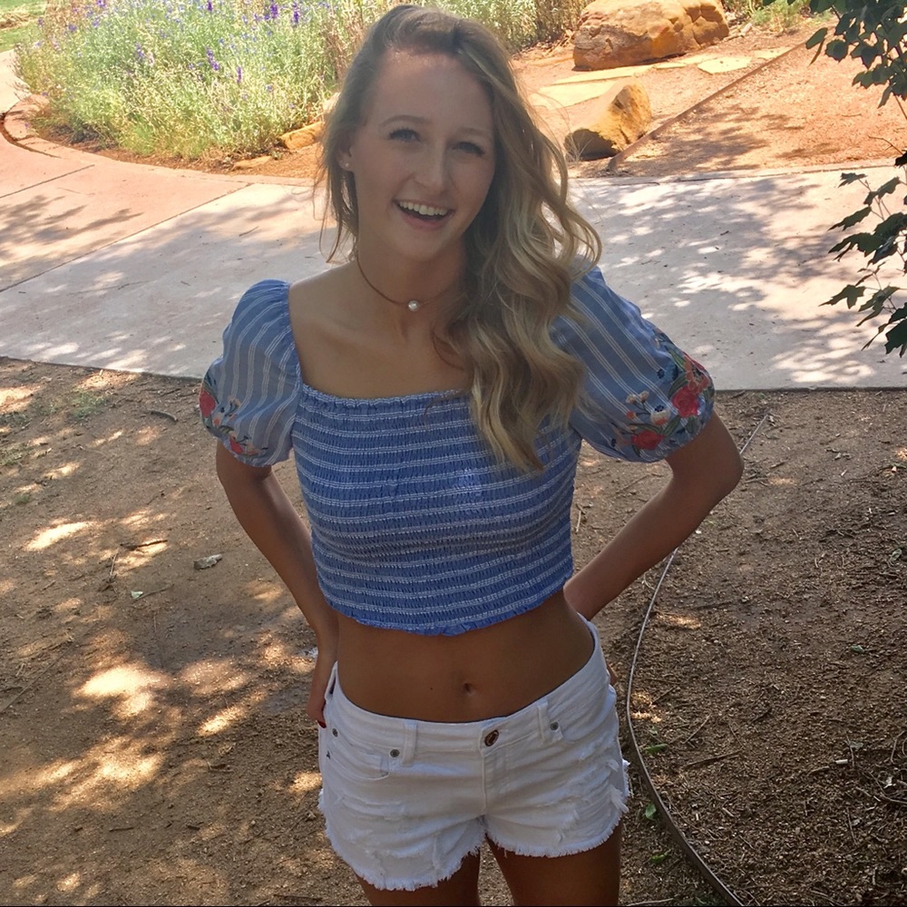 blue and white striped crop top